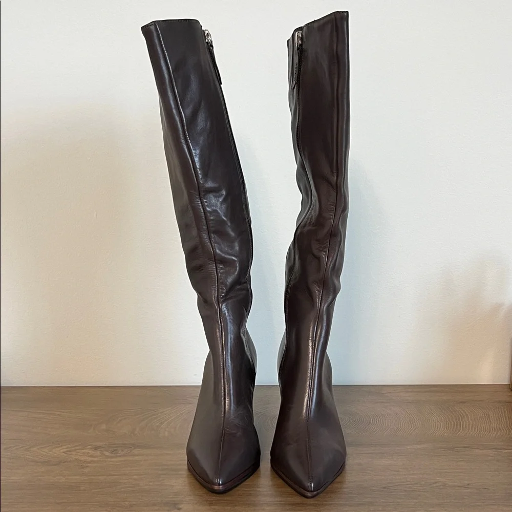 SCHUTZ MIKKI UP BLOCK BOOT Brown Maroon Leather Knee-high Sz 5